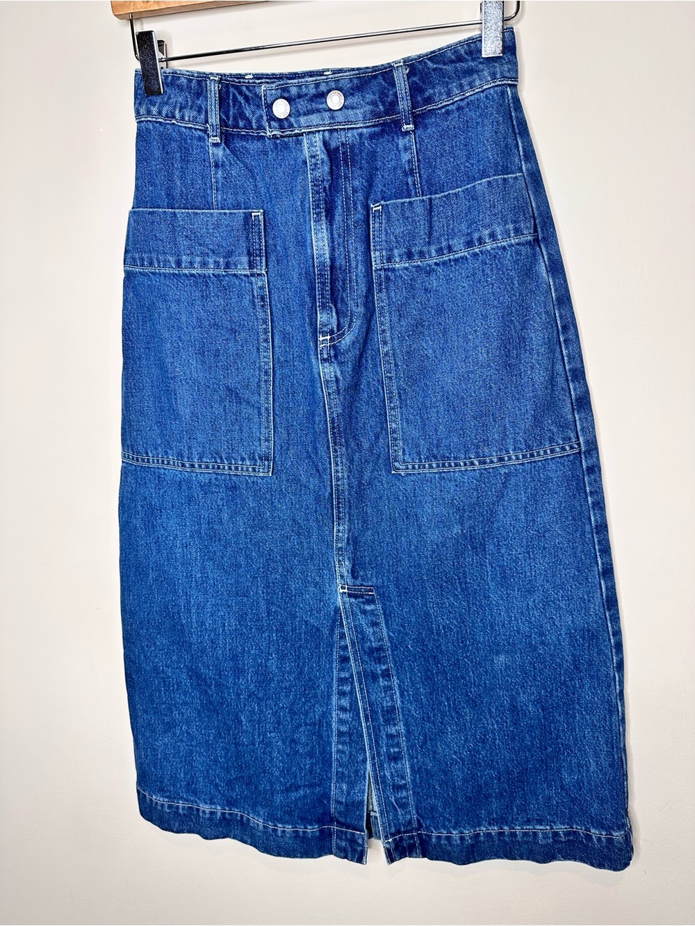 GAP Denim A-line Midi Skirt Size 0 Utility Pocket High Waist Medium Blue Wash - Picture 2 of 15